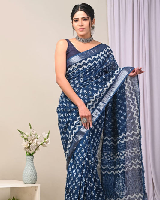 Linen Saree Indigo Blue Color Handblock Kalamkari Printed with running blouse - IndieHaat