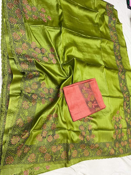 Silkmark Certified Pure Tussar Hand Cutwork Green Color Saree (Tussar by Tussar Fabric) - IndieHaat