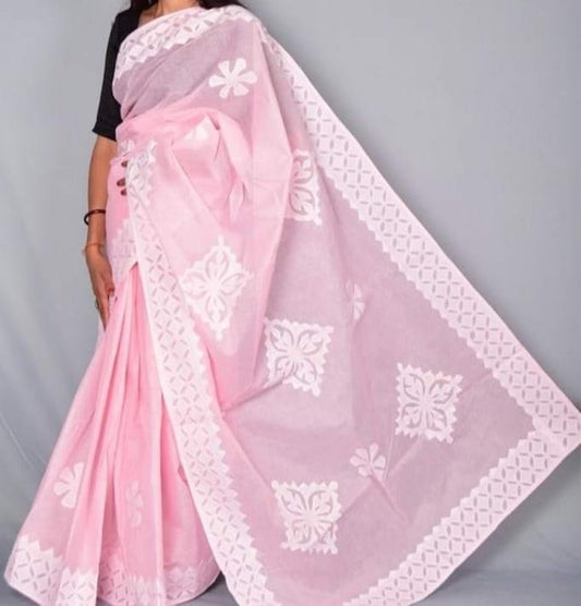 Organdy Cotton Saree Applique work Light Pink Colour with running blouse-Indiehaat