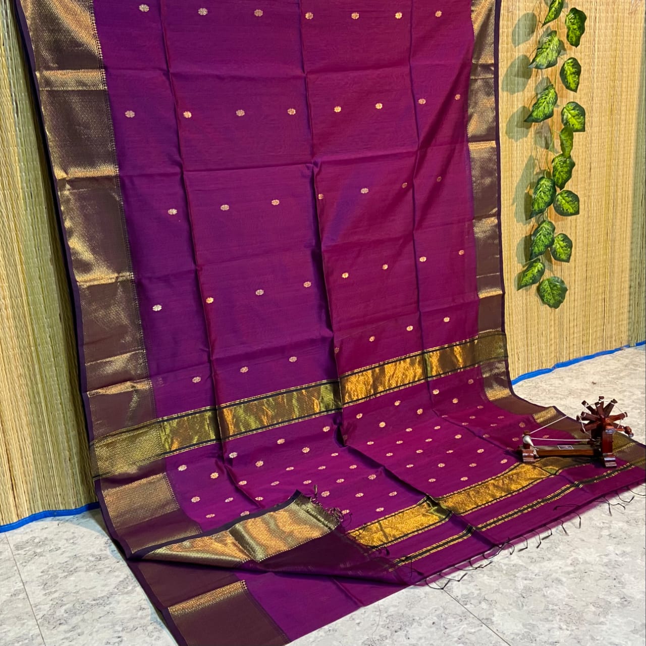 Maheshwari Cotton Silk Saree Butta Body Violet Color and contrast blouse with butta design - IndieHaat