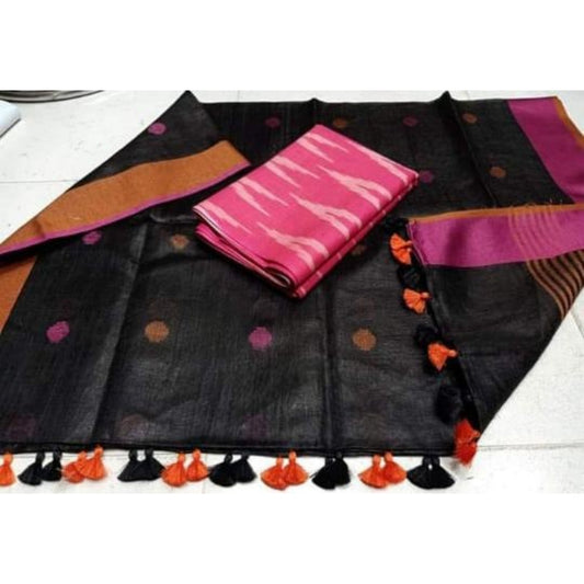 Pure Linen Black Dupatta With Pink Ikkat Kurti Material-Indiehaat