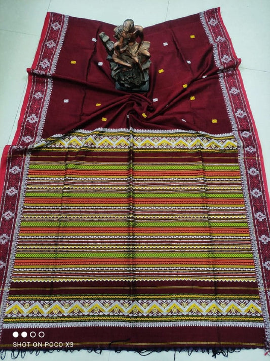 IndieHaat|Cotton Saree Striped Pallu Red 10% Off