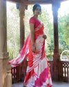 Cotton Linen Saree Pink & Red Color Shibori Hand Dyed with running blouse - IndieHaat