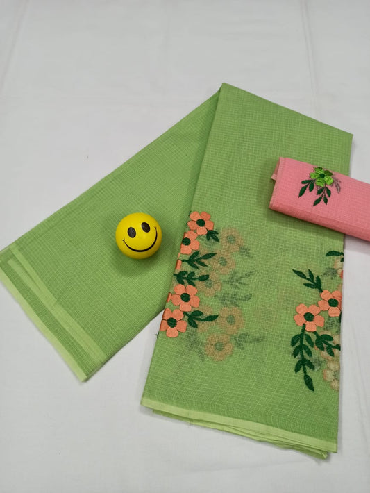 Kota Doria Green Pure Cotton Embroidery Saree With Blouse Handcrafted-Indiehaat