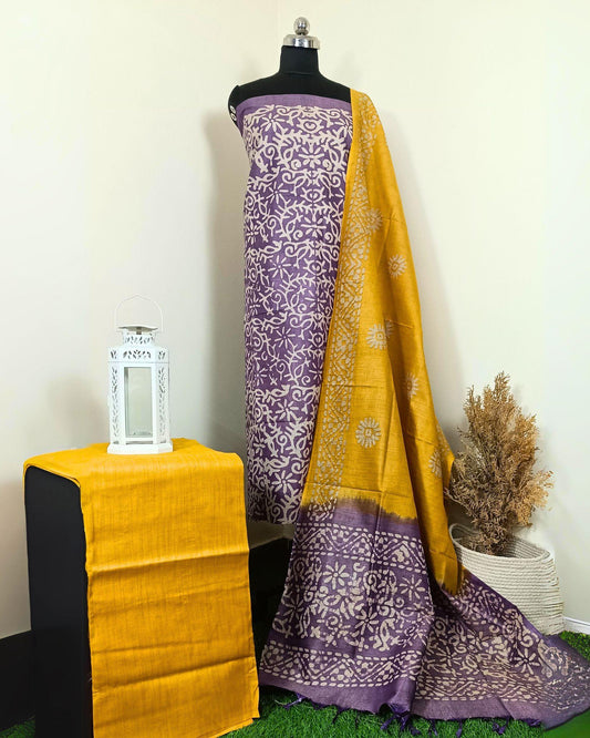 Khadi Silk Suit Lavendar Batik Print (Top+Bottom) with Bandhini Dupatta