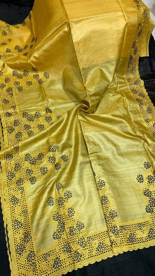 Silkmark Certified Pure Tussar Hand Cutwork Yellow Color Saree (Tussar by Tussar Fabric) - IndieHaat
