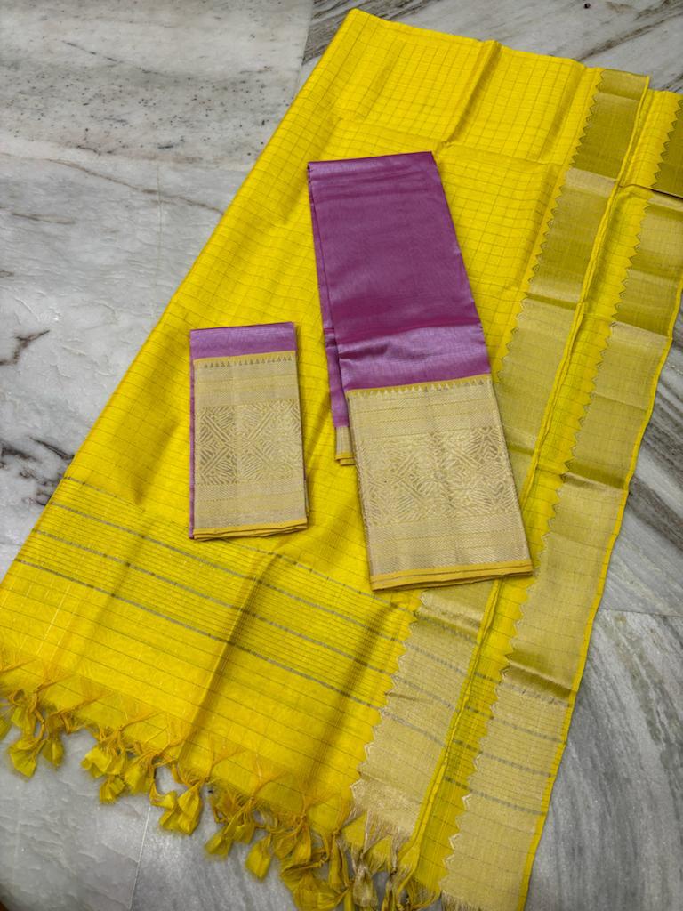 Mangalagiri Lehanga Sets Yellow & Royal Purple Color 300 K Kanchi Border (Lehanga+Blouse+Dupatta) - IndieHaat