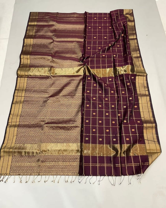 Maheshwari Handloom Pure Tissue Silk Saree Burgundy Red Color with running blouse - IndieHaat
