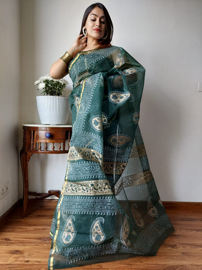 Hand Painted Organza Saree Green Colour with touch of gold print in vibrant Indian colours and matching running Blouse