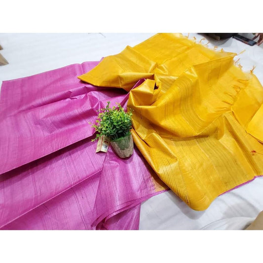 Silkmark Certified Eri Tussar Striped Pink Body Saree with Yellow Pallu Colour Blouse-Indiehaat