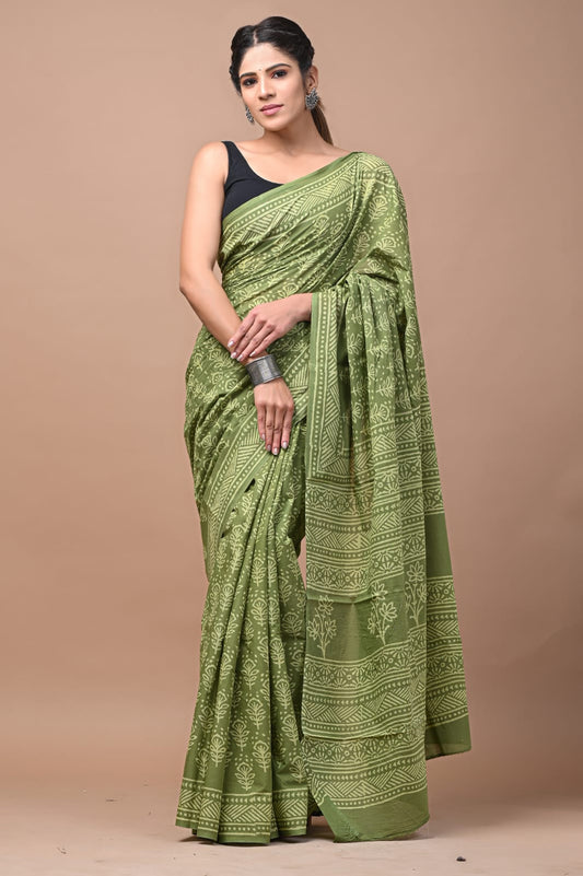 Mulmul Cotton Saree Olive Green Color Handblock Printed with running blouse - IndieHaat
