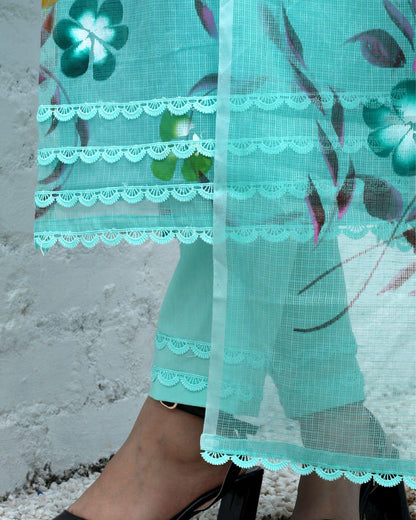 Kota Doria Suit (Top+Bottom+Dupatta) Aqua Blue Color Hand Painting with Stitch embroidery work - IndieHaat