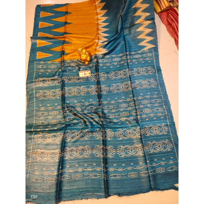 Silkmark Certified Tussar Silk Madhubani Block Print Orange color Saree with Blouse-Indiehaat