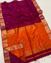 Maheshwari Handloom Handwoven Saree Dark Maroon Color Double Design Zari Border with flower buti pallu and contrast blouse - IndieHaat