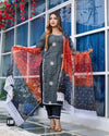 Pure Cotton Kota Doria Suits (Top+Bottom+Dupatta) Grey Color Stitch embroidery with Hand Bandhej work Dupatta - Indiehaat