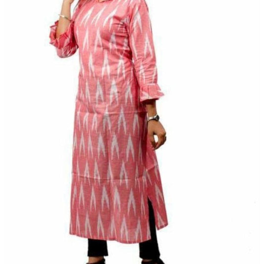 Pure Cotton Peach Color Ikkat Handblock Printed Prestitched Dress (Size 34 to 46)-Indiehaat