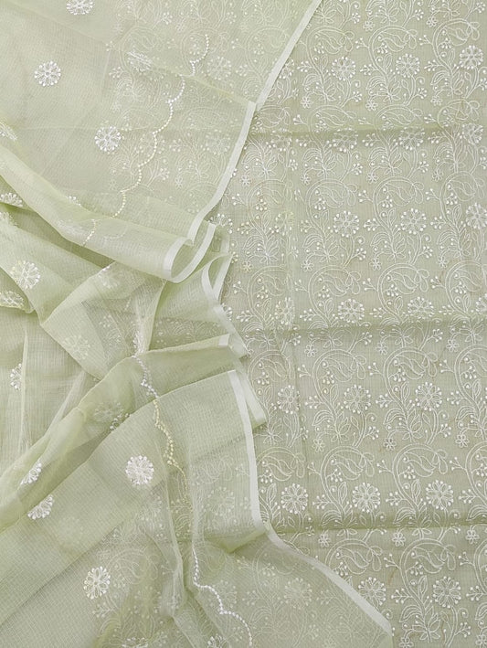 Kota Doria Embroidery Work Suit Material Moon Mist Green Colour Top+Bottom+Dupatta-Indiehaat