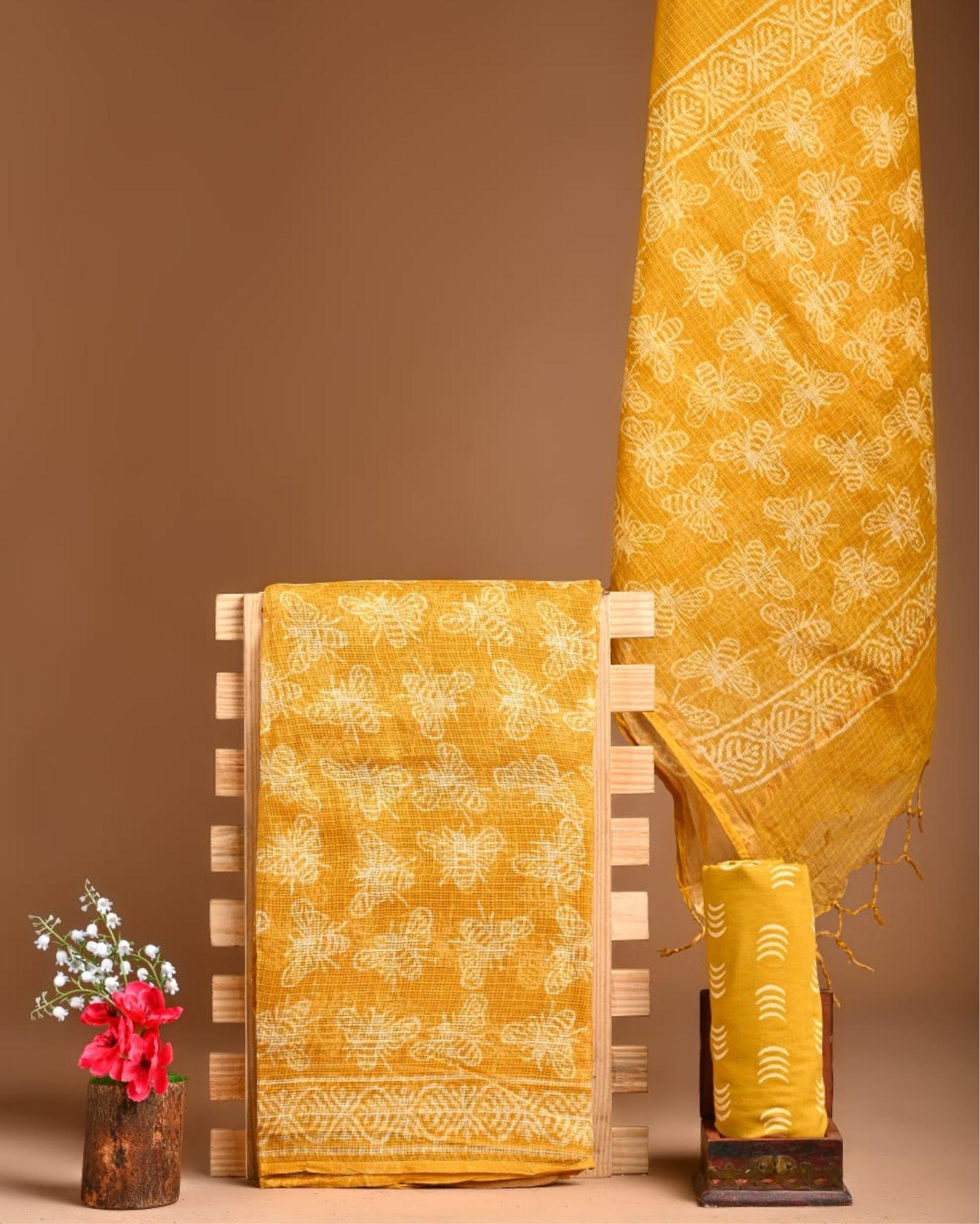 Kota Doria Suit (Top+Bottom+Dupatta) Yellow Color Handblock printed - IndieHaat