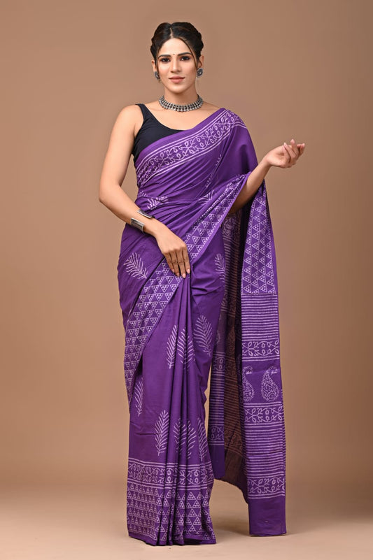 Mulmul Cotton Saree Violet Color Handblock Printed with running blouse - IndieHaat