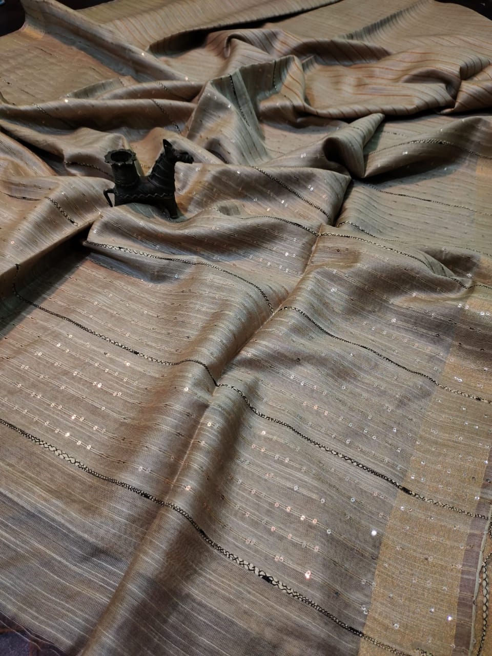 Kota Slub Striped Body Sequence Pallu Hand Dyed Dove Grey Saree with Blouse-Indiehaat