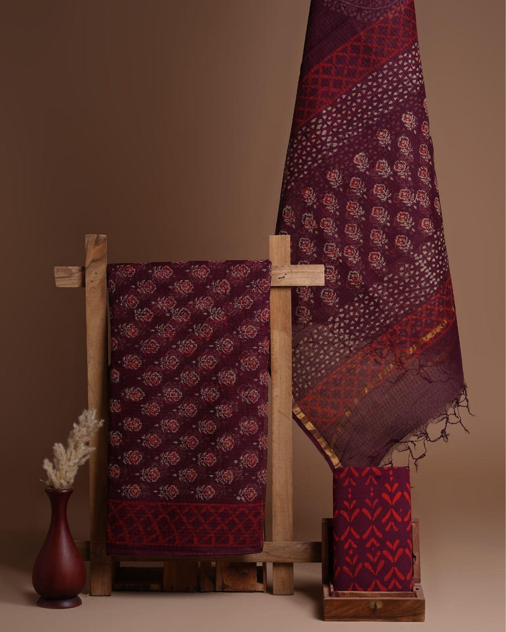 Kota Doria Suit (Top+Bottom+Dupatta) Maroon Color Handblock printed - IndieHaat
