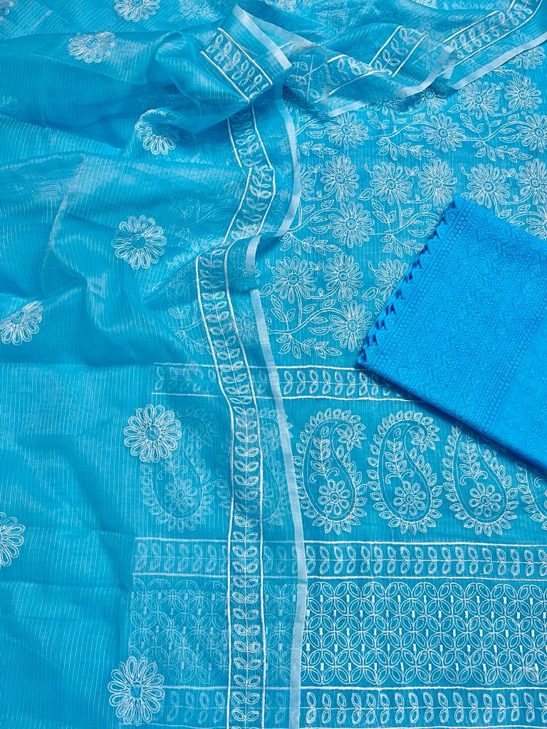 Kota Doria Embroidery Work Suits with Chikankari Embroidery work bottom Deep Sky Blue Colour (TOP+DUPATTA+BOTTOM)