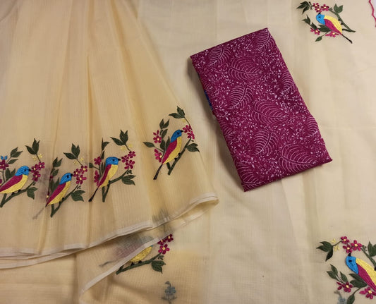 Kota Doria Embroidery Yellow Saree with Plum color blouse Handcrafted-Indiehaat