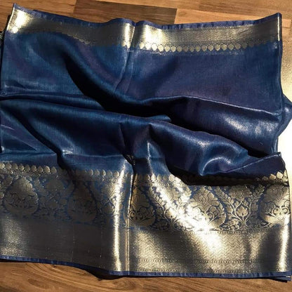 Silk Linen Banarasi Brocade Weaving Handloom Blue Saree with Blouse-Indiehaat