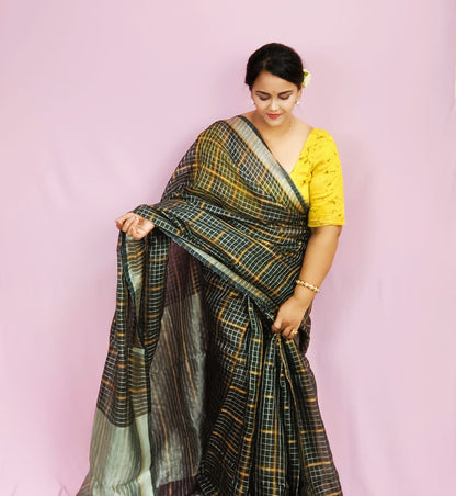 Pure Linen Check Design Handloom Saree Black Colour with Running Blouse