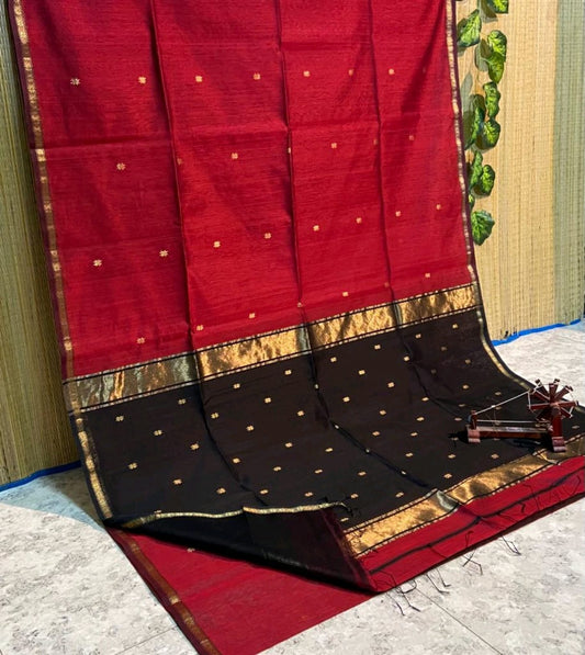 Maheshwari Silk Saree Butta Body Wine Red Color with golden zari weaving border and running blouse (Butta Design) - IndieHaat