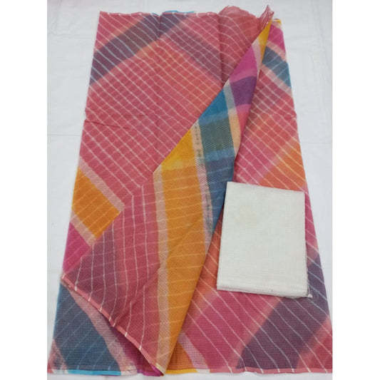 Cotton Kota Doria Pink Saree with blouse Handcrafted-Indiehaat