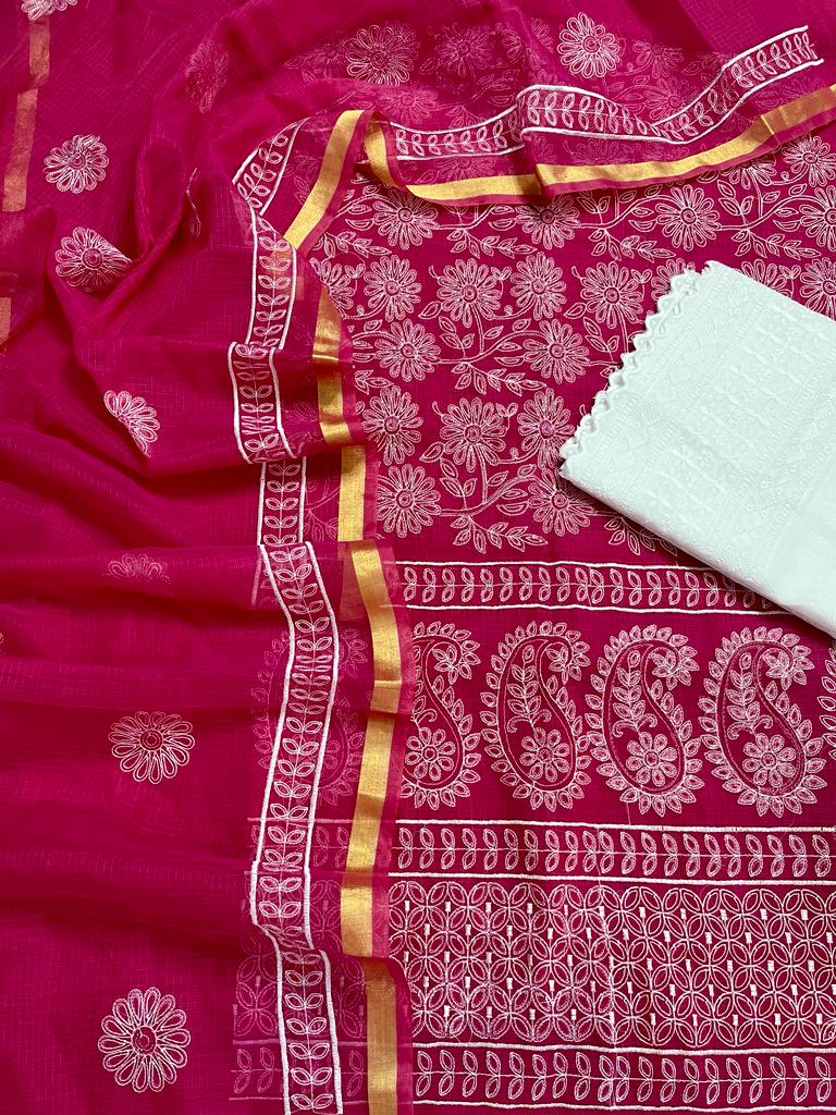 Kota Doria Embroidery Work Suits with Chikankari Embroidery work bottom Raspberry Pink Colour (TOP+DUPATTA+BOTTOM)
