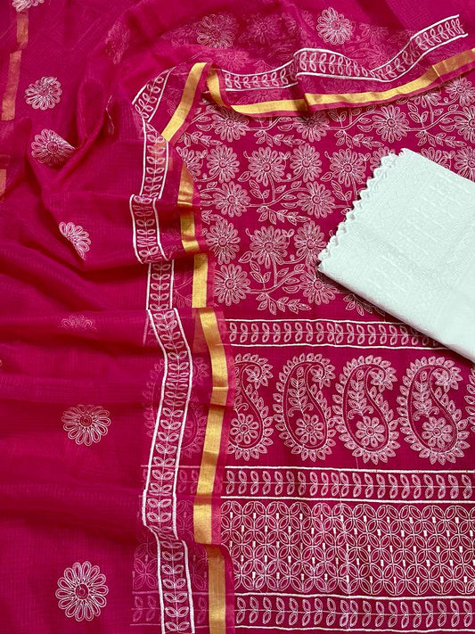 Kota Doria Embroidery Work Suit Material with Chikankari Embroidery work bottom Raspberry Pink Colour (TOP+DUPATTA+BOTTOM)-Indiehaat