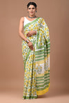 Mulmul Cotton Saree Off-White Color Handblock Printed with running blouse - IndieHaat