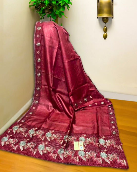 Silkmark Certified Pure Tussar Silk Saree Dark Red Color Hand Embroidery with Hand Cutwork and running blouse - IndieHaat