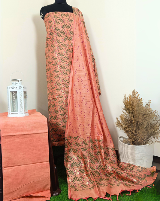 Khadi Silk Printed Suit Peach (Top+Bottom) with Bandhini Dupatta