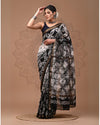 Maheshwari Silk Saree Black&White Handblock Printed With running blouse (Silk by Silk)