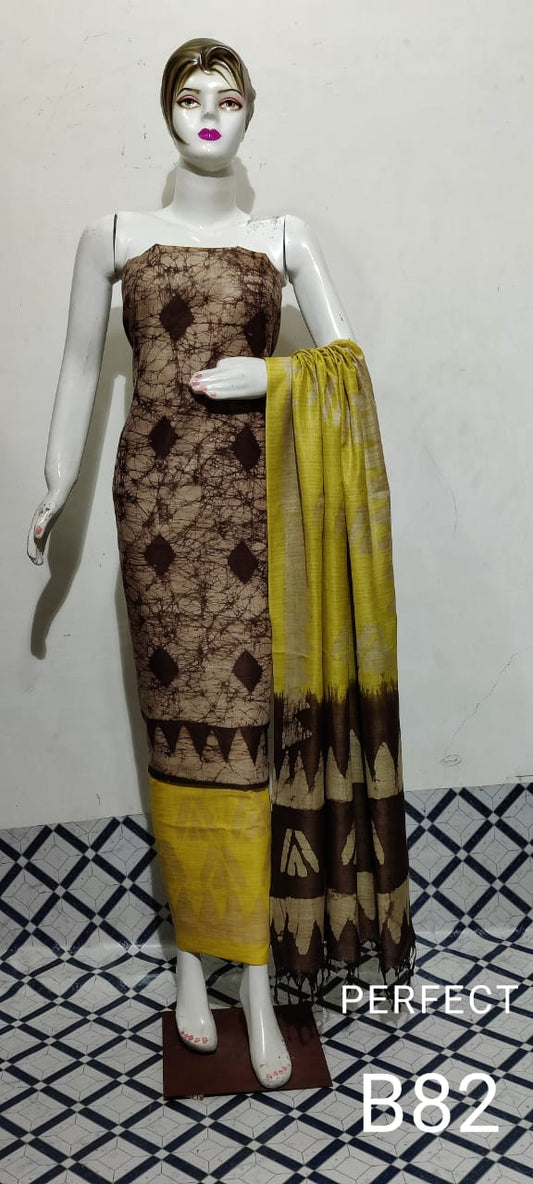 Khadi Cotton Batik Handblock Print Brown Suit Piece with Bottom and Dupatta-Indiehaat