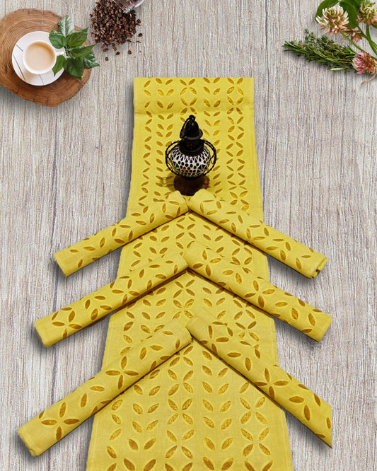 Cotton Table Runner and Mat Set (6+1) Applique work Yellow Color - IndieHaat