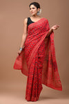 Mulmul Cotton Saree Vermilion Red Color Handblock Printed with running blouse - IndieHaat