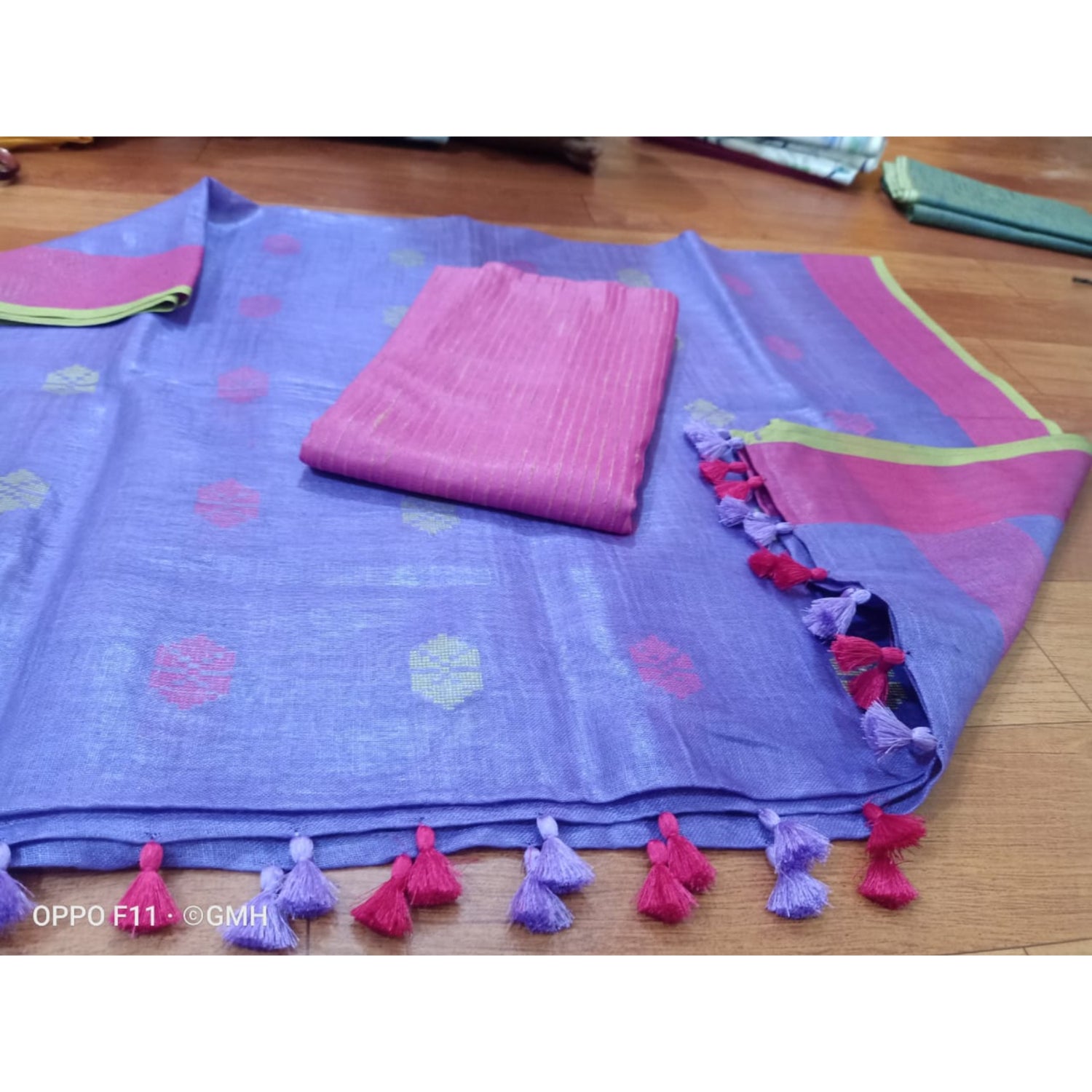 Handcrafted Pure Linen Purple Dupatta Set with Katan Fabric Pink Top-Indiehaat