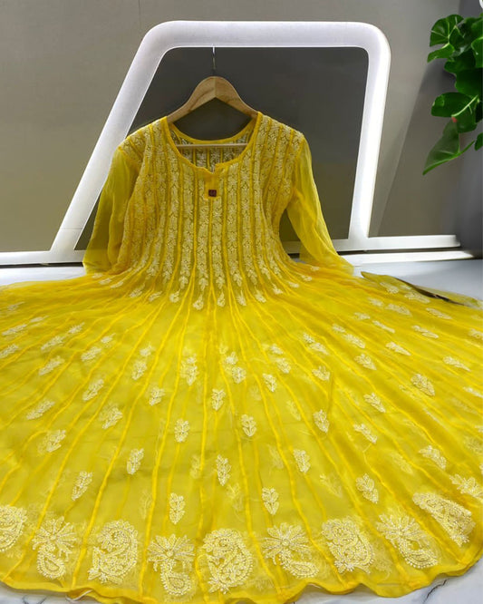 Georgette Anarkali Gown (56 kali) Yellow Color Chikankari work with inner - IndieHaat