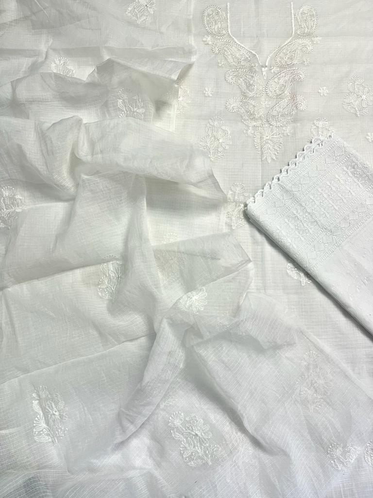 Kota Doria Suits Chickenkari Embroidery Work White Colour (TOP+DUPATTA+BOTTOM)