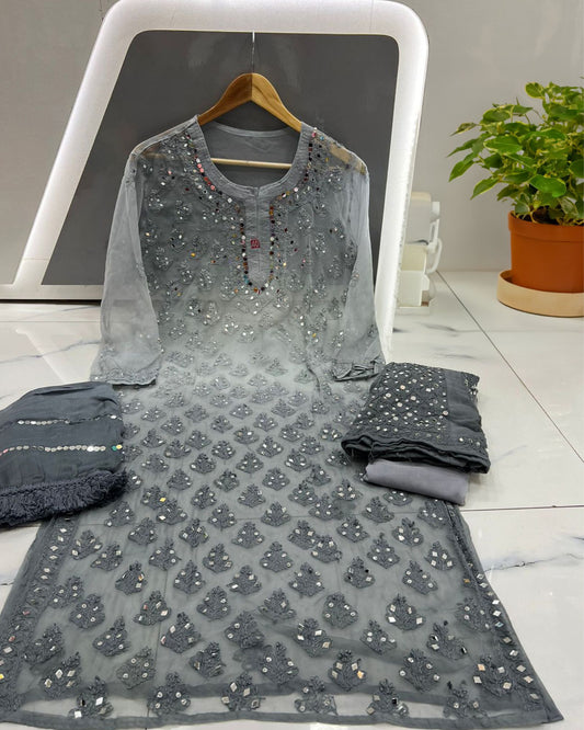 Georgette Kurti Gray Color Chikankari Ombre Mirror Work with Dupatta, Bottom and Inner - IndieHaat