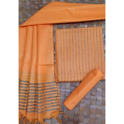 Katan Silk Orange color Suit Piece with Bottom and Dupatta Handcrafted-Indiehaat