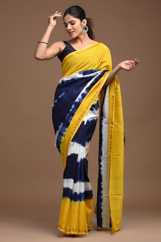 Pure Assam Silk Yellow and Blue Saree Hand Block Print with Running Blouse-Indiehaat