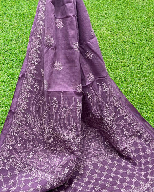 Kota Doria Saree Lavender Color Chikankari work without blouse - IndieHaat