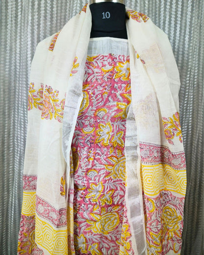 Linen Suit Set Dark Rose Pink & White Color with Cotton Bottom, Linen Top and Dupatta Handblock Printed - IndieHaat