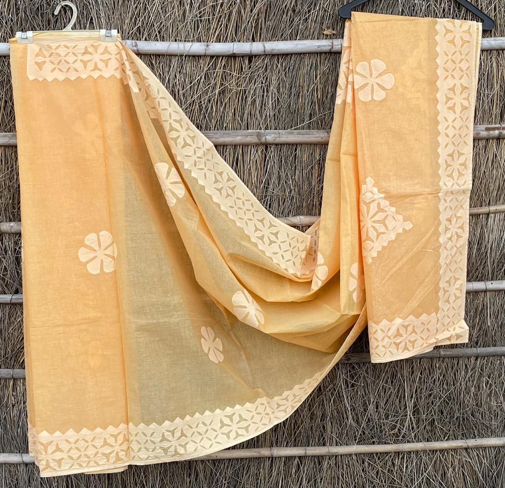 Organdy Cotton Saree Applique work Medium Orange Colour with running blouse