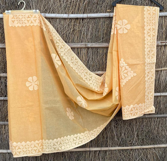 Organdy Cotton Saree Applique work Medium Orange Colour with running blouse-Indiehaat
